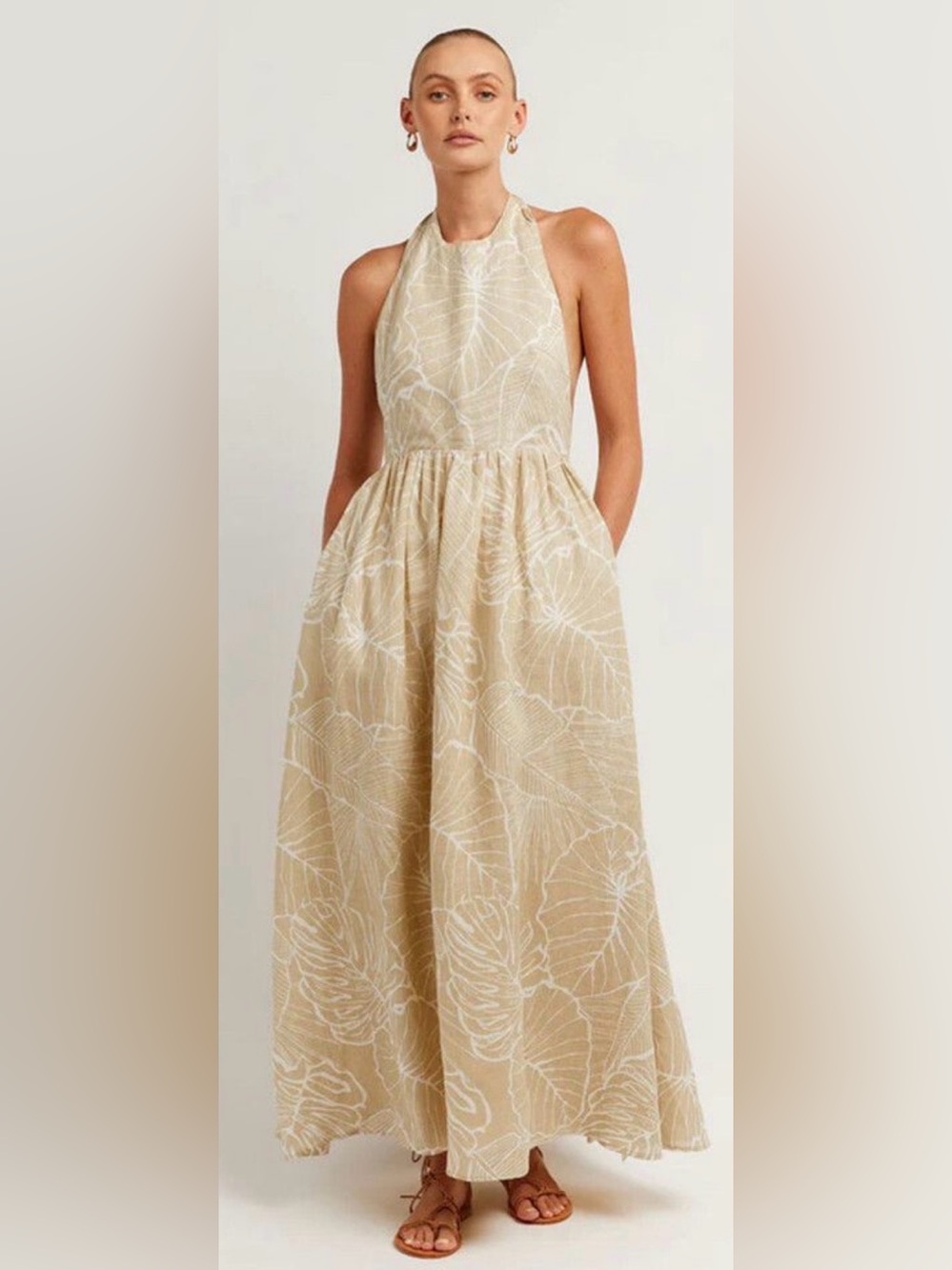 DISSH Malta Halter Beige Maxi Dress with White Linen Leaf Print